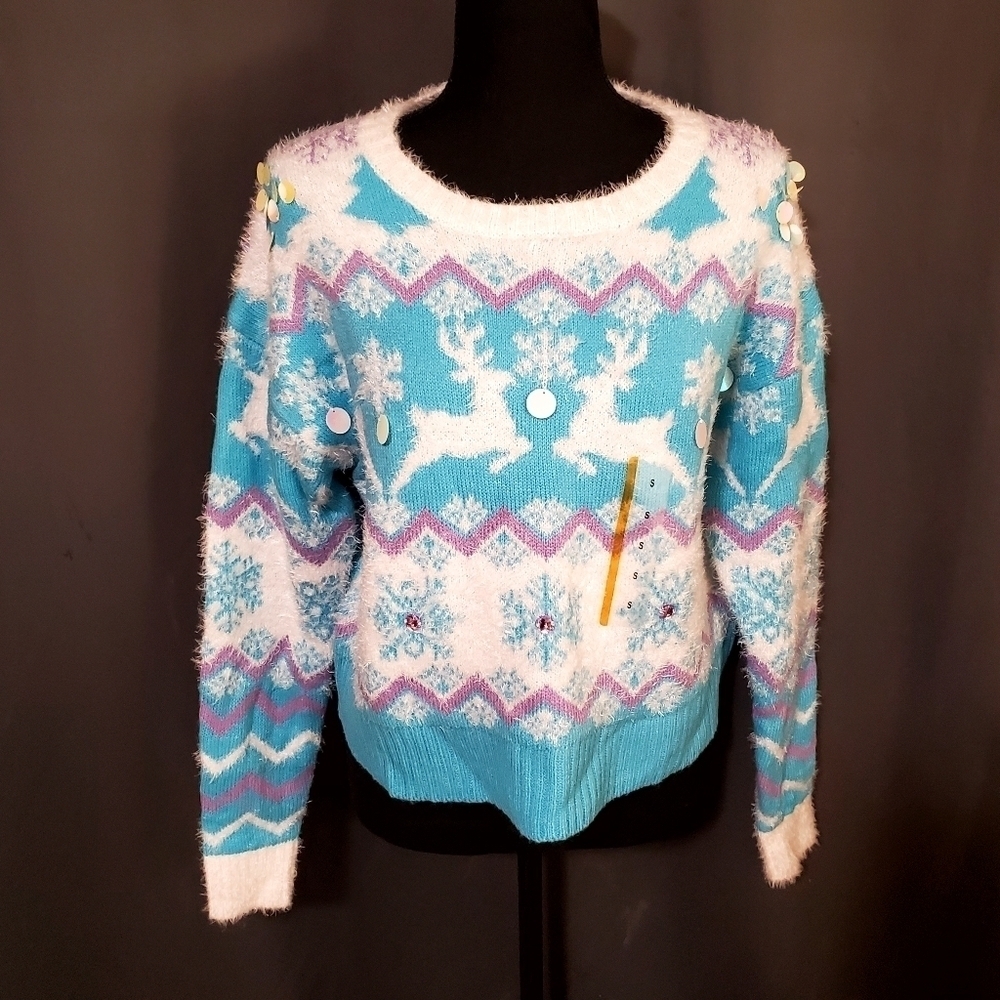 33 Degrees Blue Holiday Christmas Reindeer Argyle Rhinestone Sweater NWOT Sz SM - Picture 9 of 9